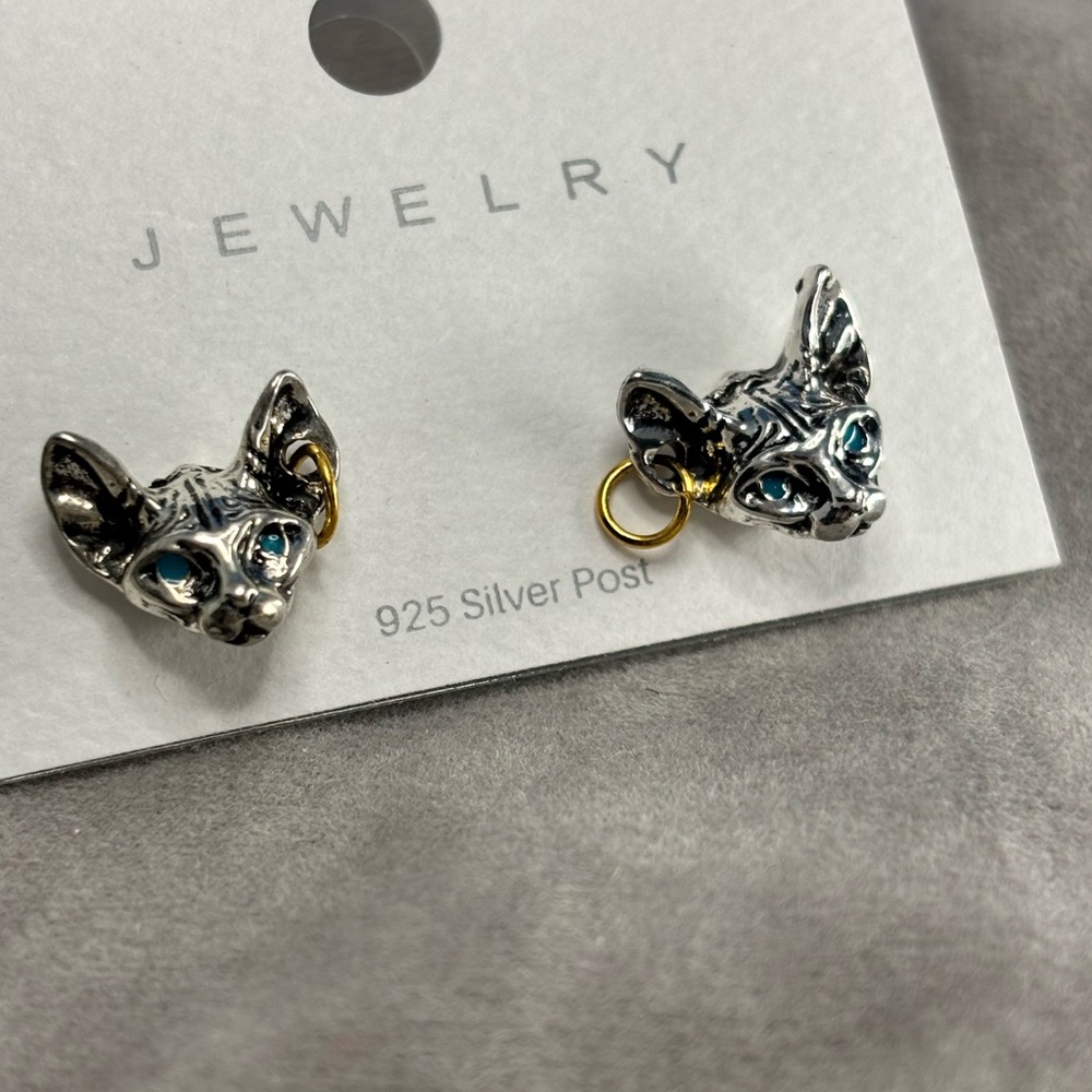 Egyptian Sphynx hairless cat kitten kitty head stud earrings